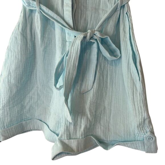 AQUA Ladies Light Blue Gauzy Short Sleeve Button Front Romper, Waist Tie, XS - Picture 4 of 4